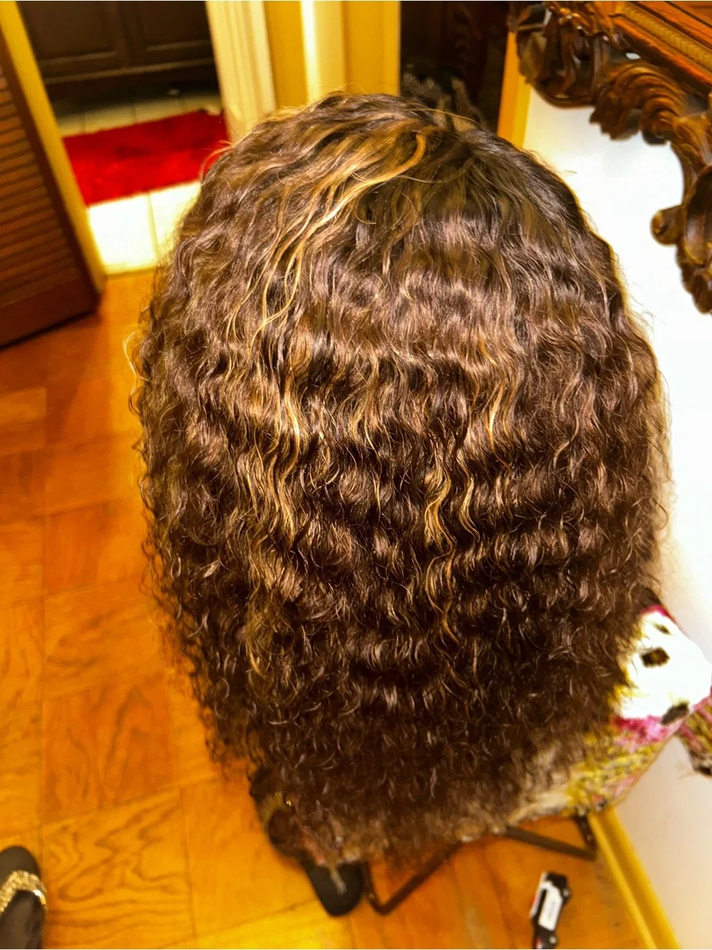 Natural Curly Brown Wig with Honey Blonde Highlights - Unbranded